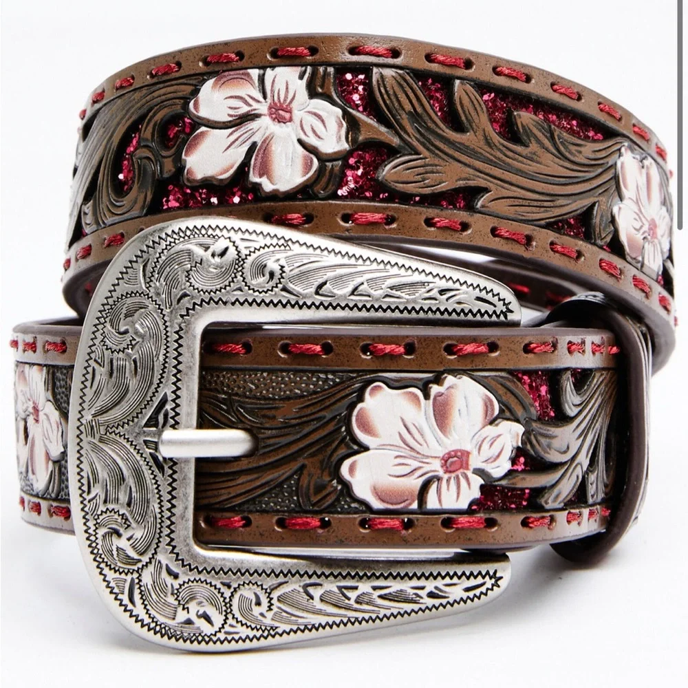 MAKE AN OFFER - Girls Shyanne Leather Belt whipstitching sparkle and carvings